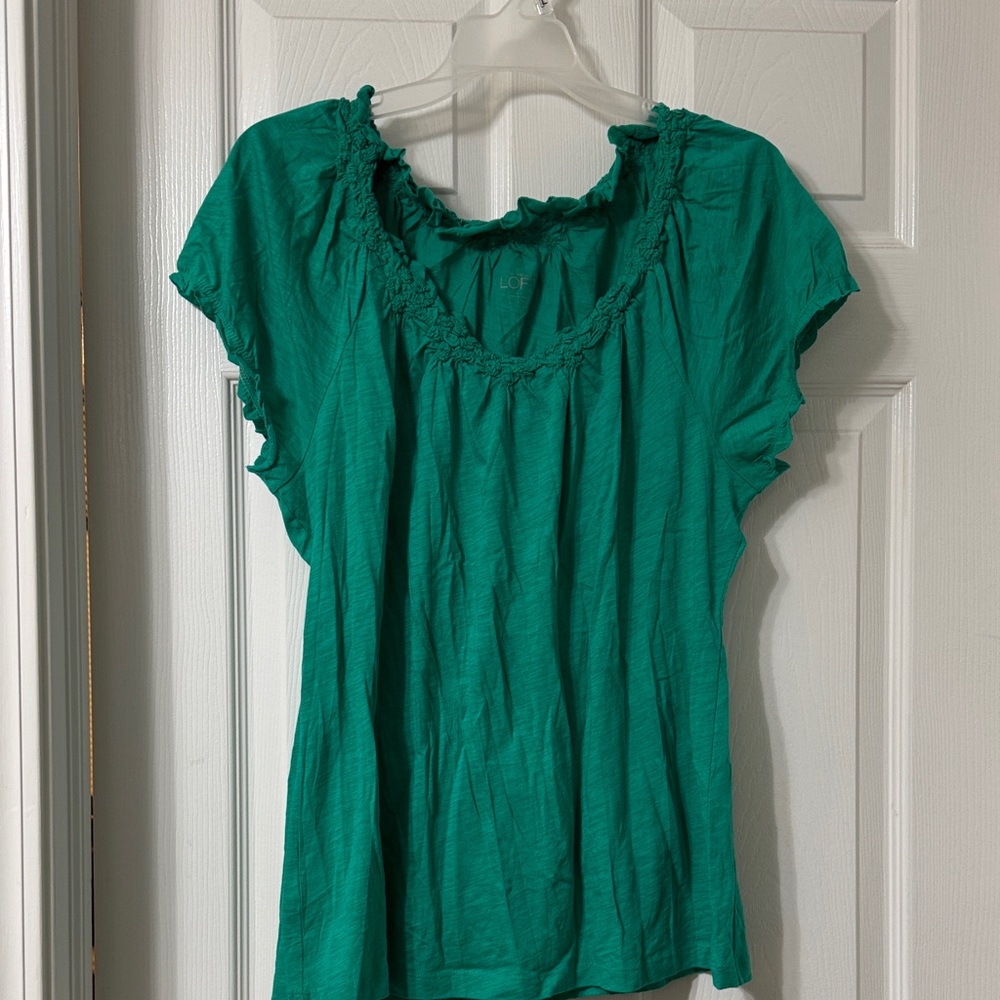 LOFT Vibrant Green Ruffle Trim Blouse